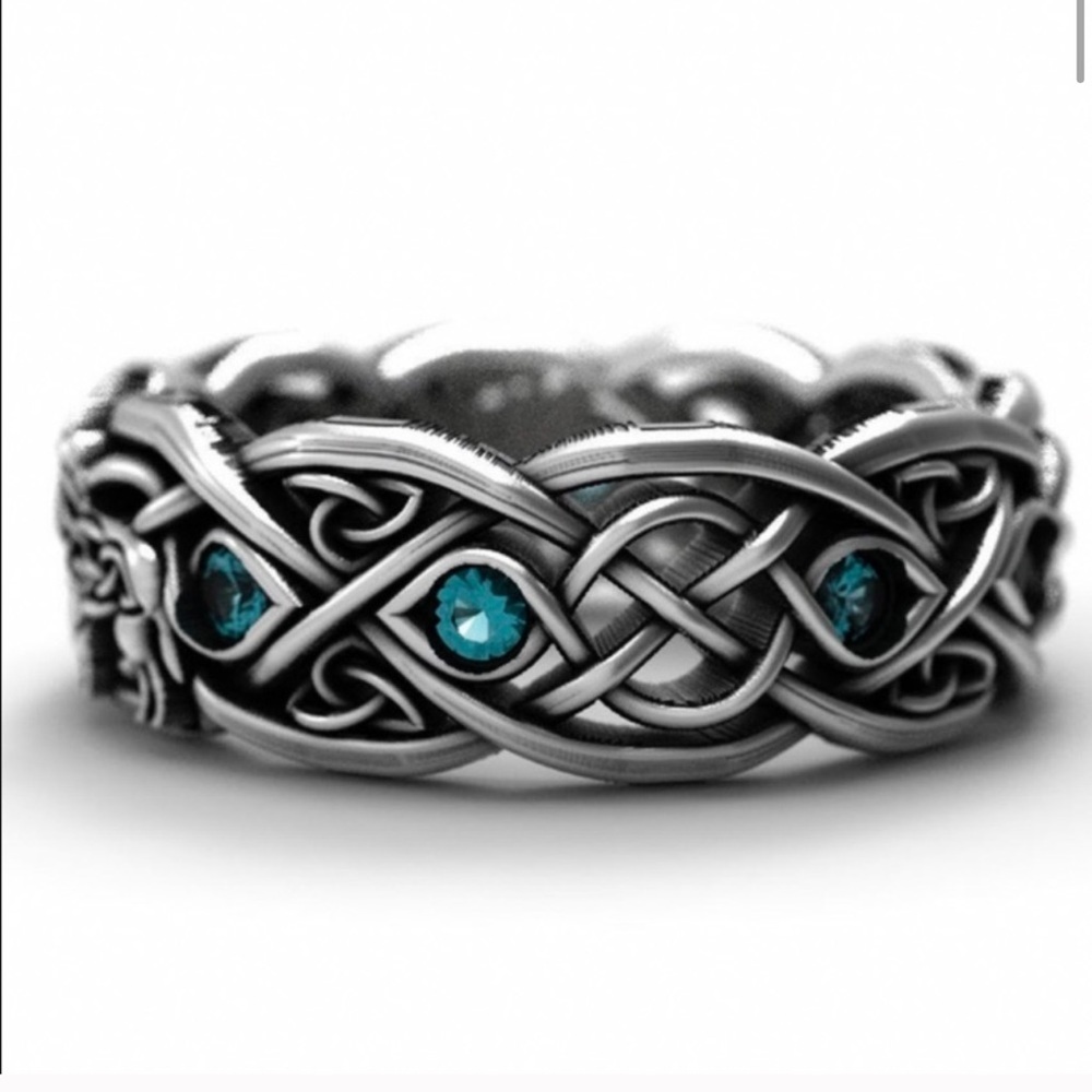 925 Sterling Silver Blue Topaz Celtic Wolf Ring - Picture 7 of 14